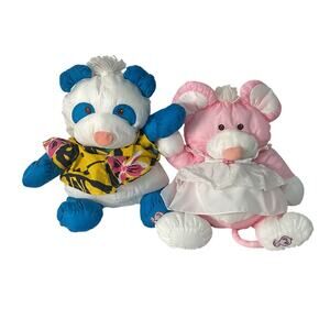 Vintage Fisher Price LOT 2 Puffalumps Plush Dolls Wild Thing Panda Pink Mouse